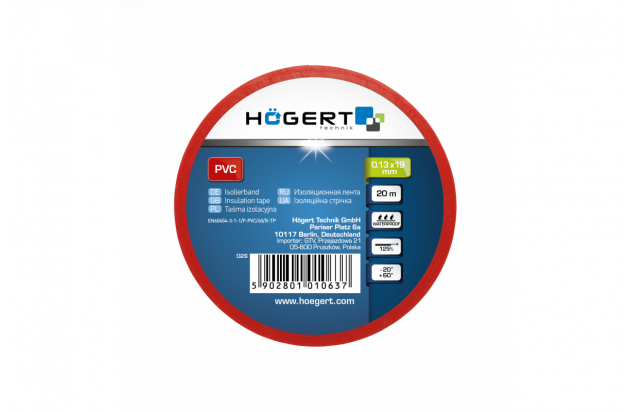 Стрічка ізоляційна червона 19 мм x 20 м товщина 0.13 мм Hogert (HT1P282)