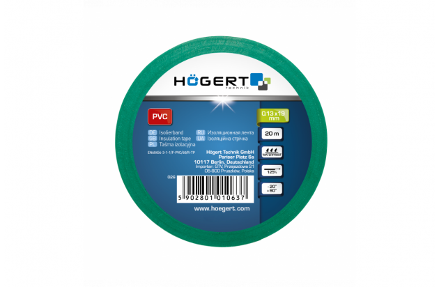 Стрічка ізоляційна зелена 19мм x 0.13мм x 20м Hogert артикул (HT1P284)