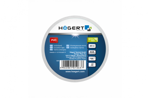 Стрічка ізоляційна біла 19мм х 0,13мм х 20м Hogert артикул HT1P285